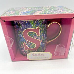 Lilly Pulitzer Coffee Cup Mug Monogrammed Initial S 14oz Gold Trim Handle